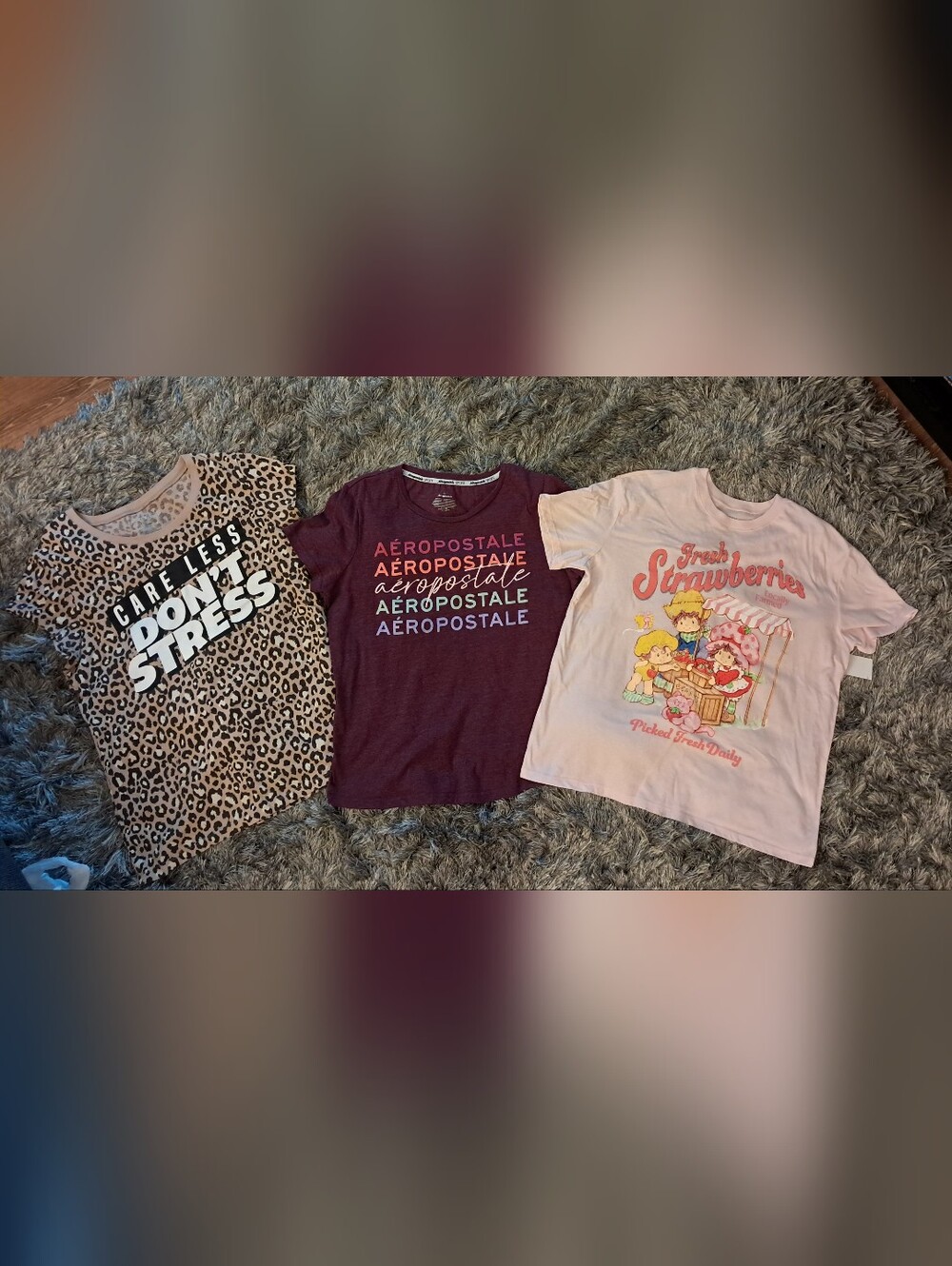 Juniors tee Bundle Aeropostale Leopard + Strawberry Shortcake NWT L/XL